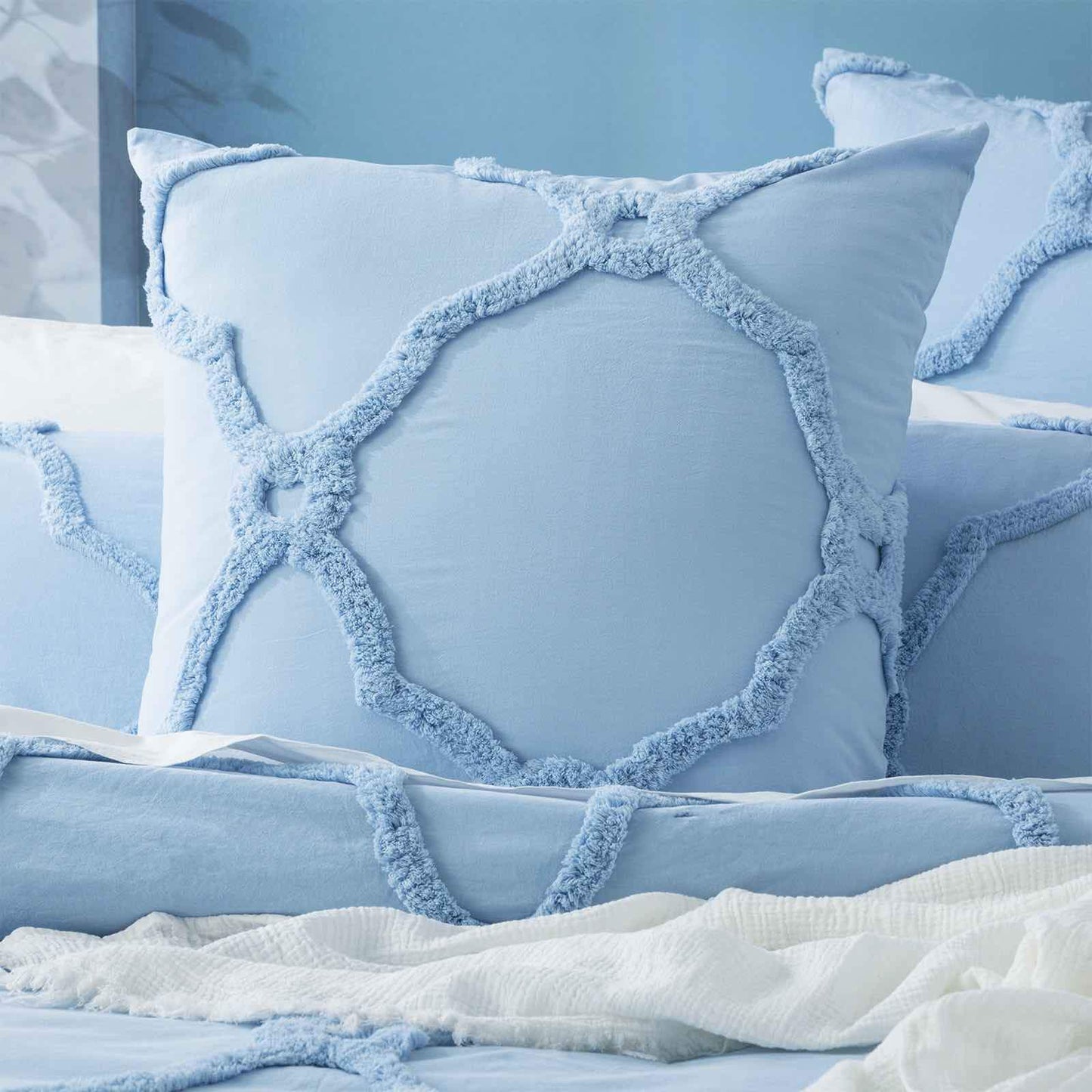 Renee Taylor Moroccan 100% Cotton Chenille Vintage washed Tufted Quilt cover set Sky