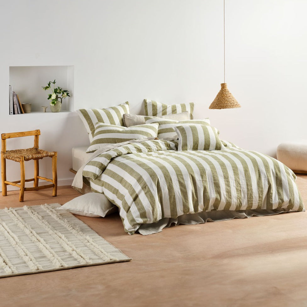 Vintage Stripe Pesto Quilt Cover Set by Linen House