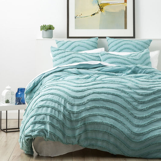 Aqua Wave Cotton Quilt Cover Set by Cloud Linen