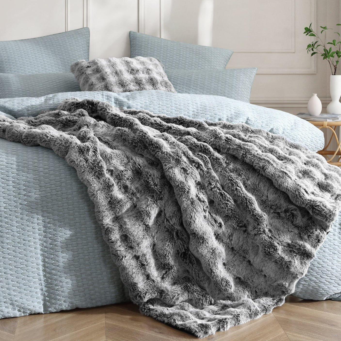 Grey Rabbit Fur Square Cushion by Logan and Mason Platinum