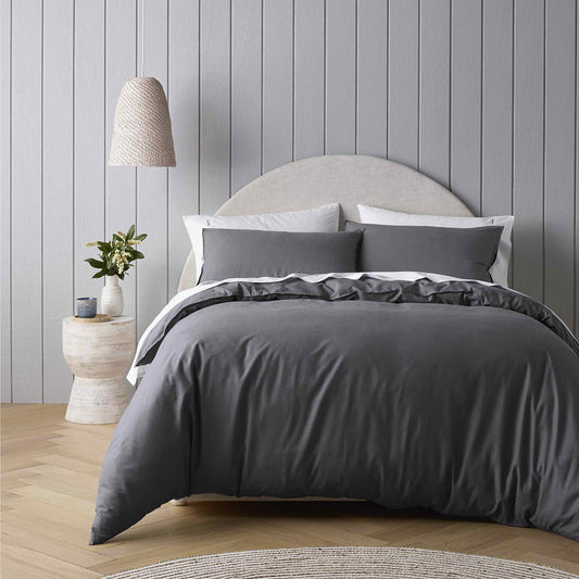 Riviera Organic Washed Cotton Quilt Cover Set Range Charcoal by Bianca