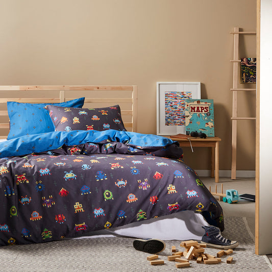 Space Invaders Navy Quilt Cover Set by Logan and Mason Kids