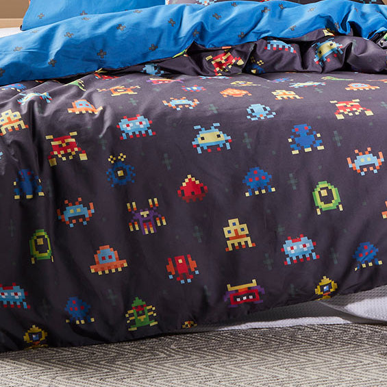 Space Invaders Navy Quilt Cover Set by Logan and Mason Kids