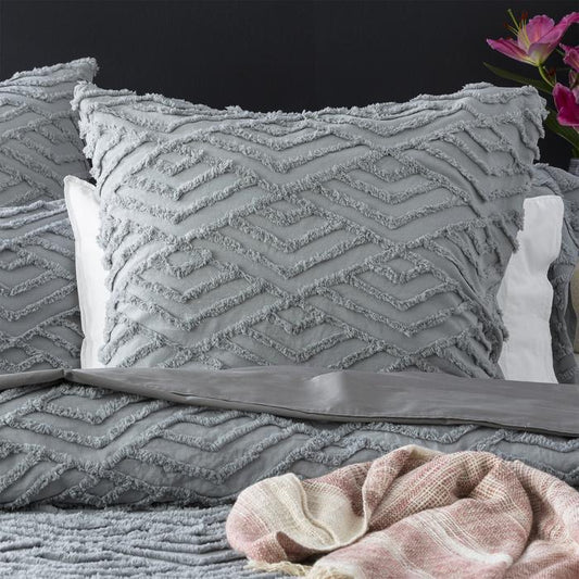 Chevvy Silver Vintage Washed Tufted Quilt Cover Set by Revive Living