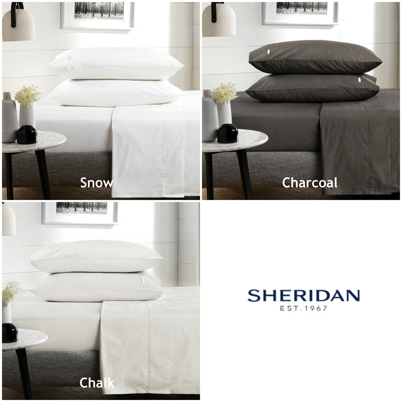 Classic Percale 300TC Sheet Set by Sheridan Colour Range Charcoal Chalk Snow