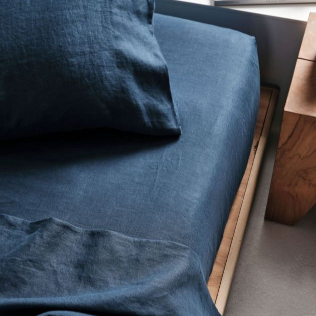Nimes Pure Linen Navy FITTED SHEET by LINEN HOUSE